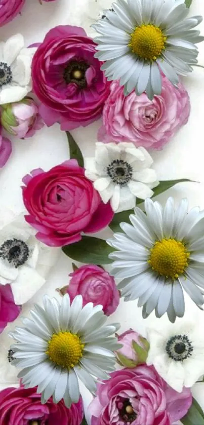Mobile wallpaper with pink and white flowers against a white background.