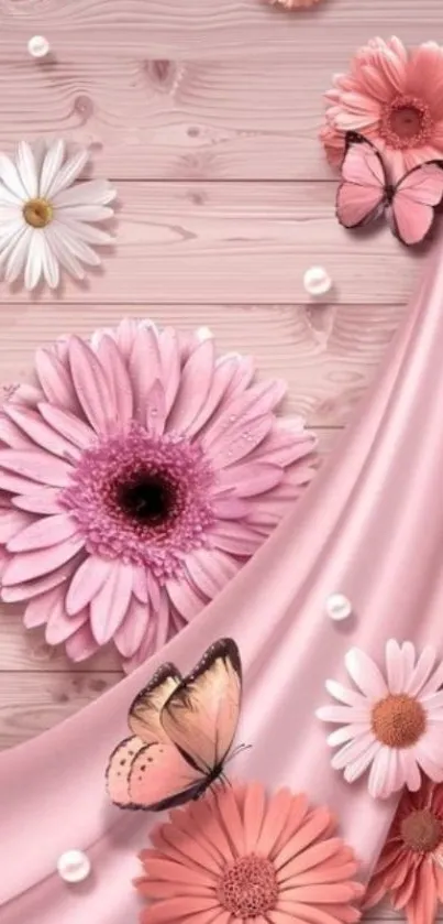 Pink flowers and butterflies on a draped fabric background.