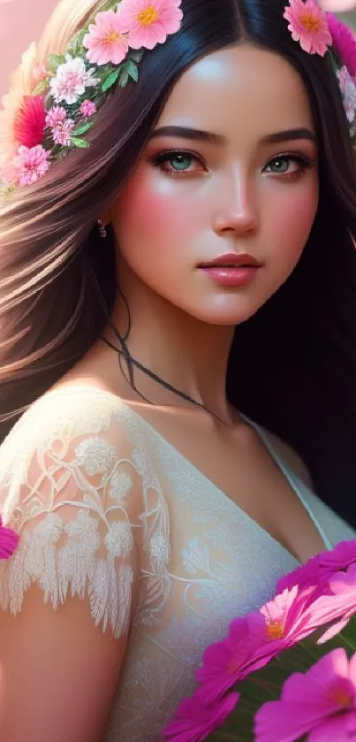Beautiful woman with floral headpiece and flowing hair, surrounded by pink flowers.