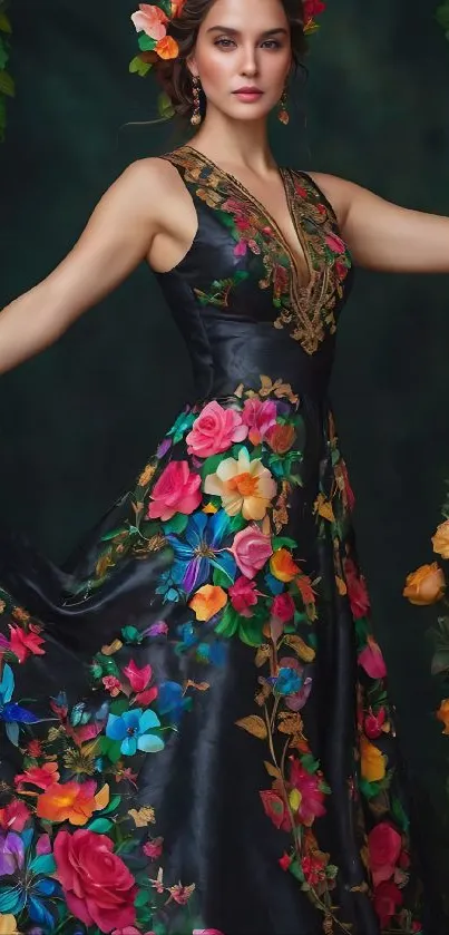 Elegant woman in embroidered floral dress amidst colorful roses.