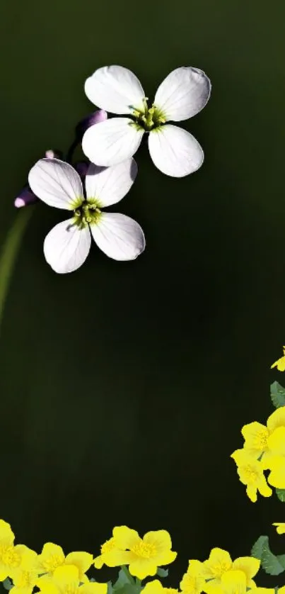 Elegant wallpaper with white and yellow flowers on a deep green background.