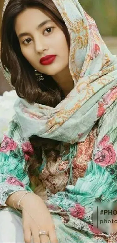 Woman wearing a floral scarf portrait