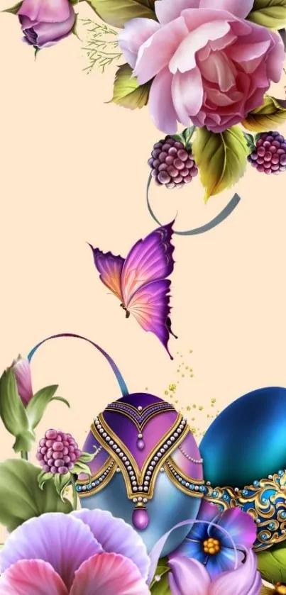 Elegant floral wallpaper with butterflies and colorful blooms.