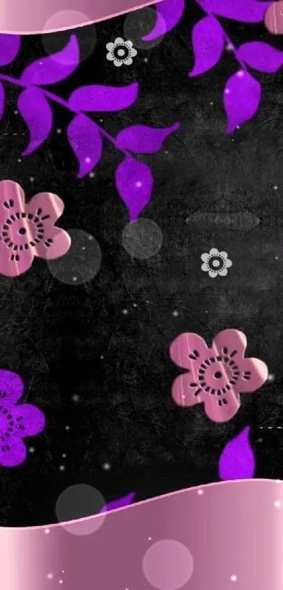 Vibrant purple and pink floral wallpaper on black background.