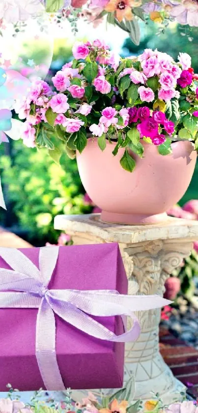 Pink flowers and gift mobile wallpaper.