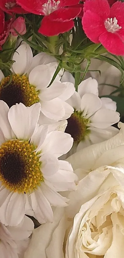 Vivid floral bouquet with daisies and roses.