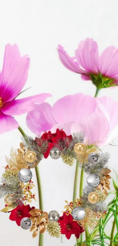 Vibrant pink cosmos with floral wreath mobile wallpaper.