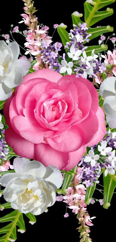 Vibrant floral wallpaper with pink roses and white flowers on a dark background.