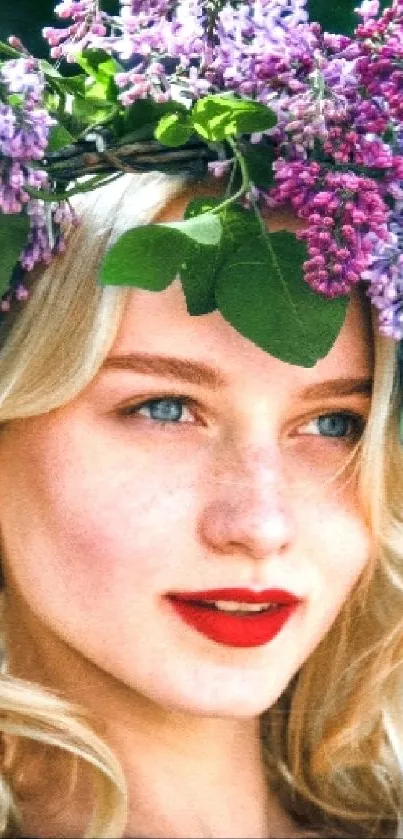 Woman with flower crown, purple blossoms.