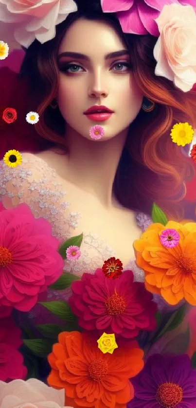 Woman adorned with vibrant flowers in a colorful floral mobile wallpaper.