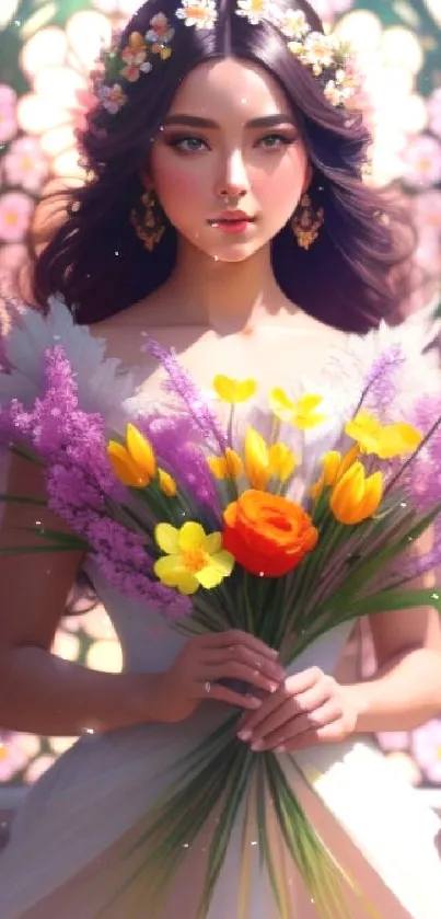 Woman with flower bouquet and stained glass background.