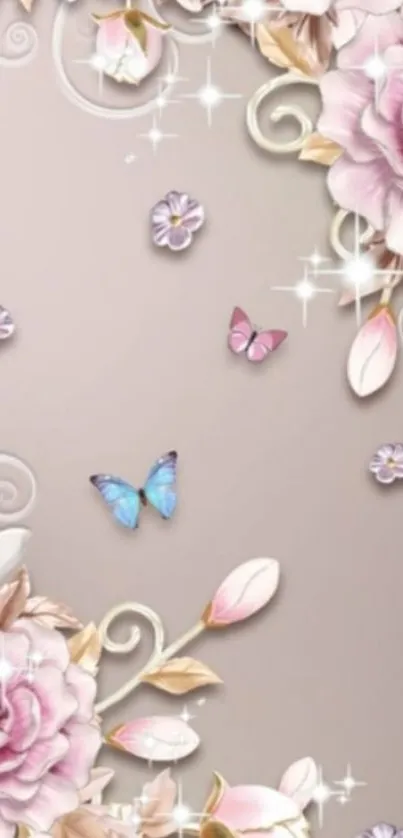 Elegant wallpaper with pink roses and butterflies.