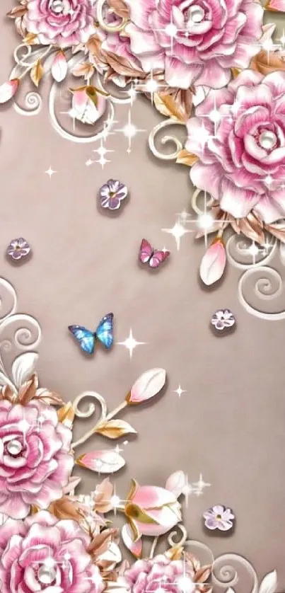 Elegant wallpaper with pink roses and butterflies on a beige background.