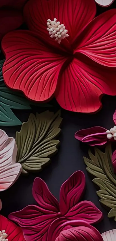 Vibrant floral wallpaper with red flowers and green leaves.