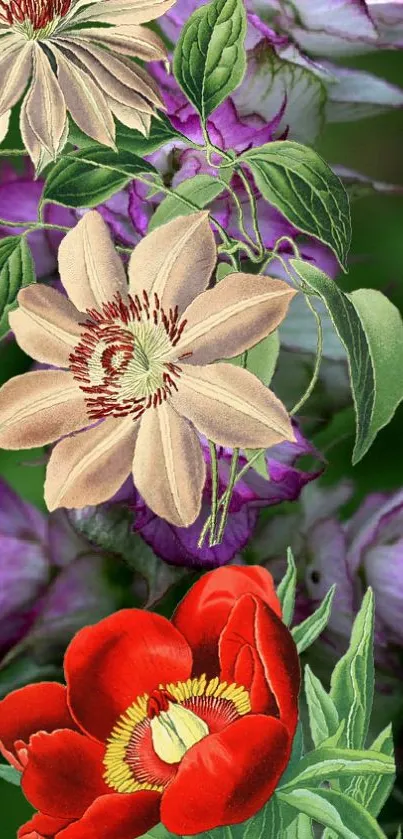 Floral mobile wallpaper with red poppies and beige clematis.