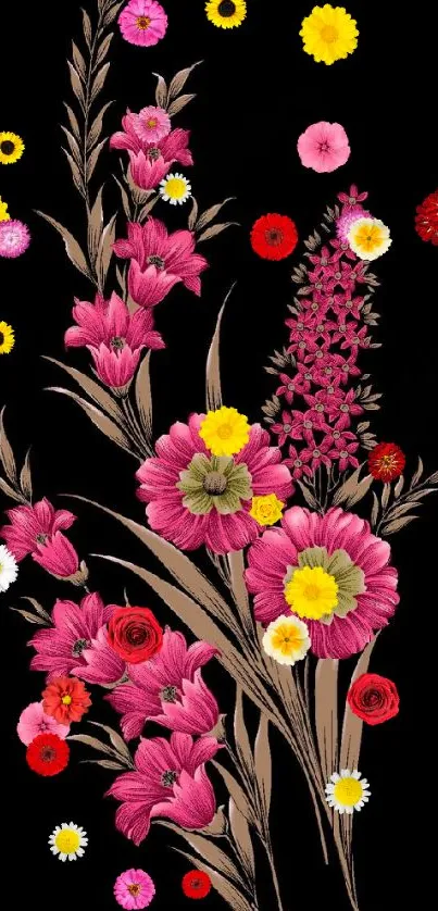 Elegant pink floral design on black background wallpaper.