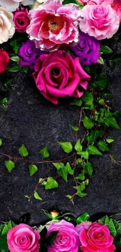 Vibrant floral wallpaper with pink and purple roses on a black background.