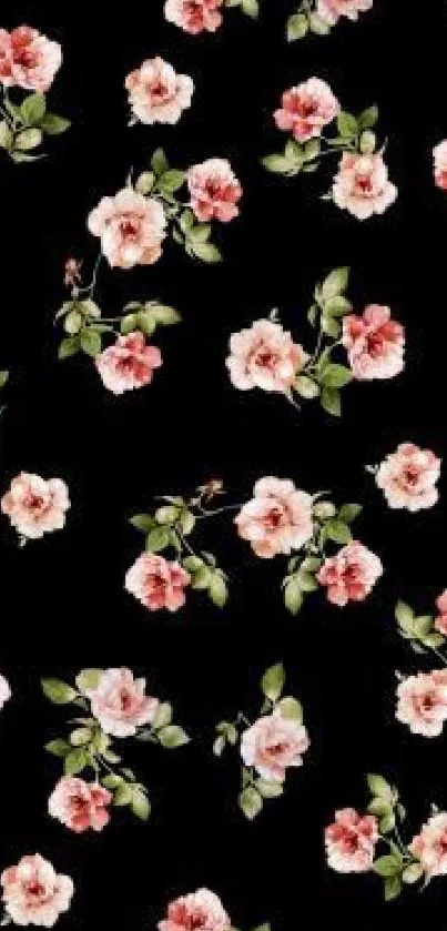 Black background with pink rose floral design.