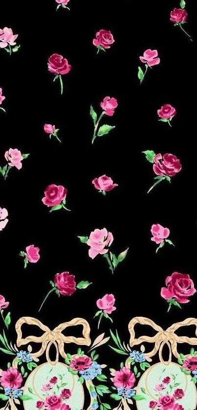 Floral wallpaper with pink roses and bows on black background.