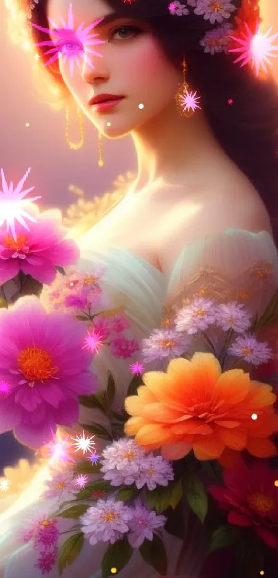 Elegant floral wallpaper with vibrant flowers and ethereal lighting.