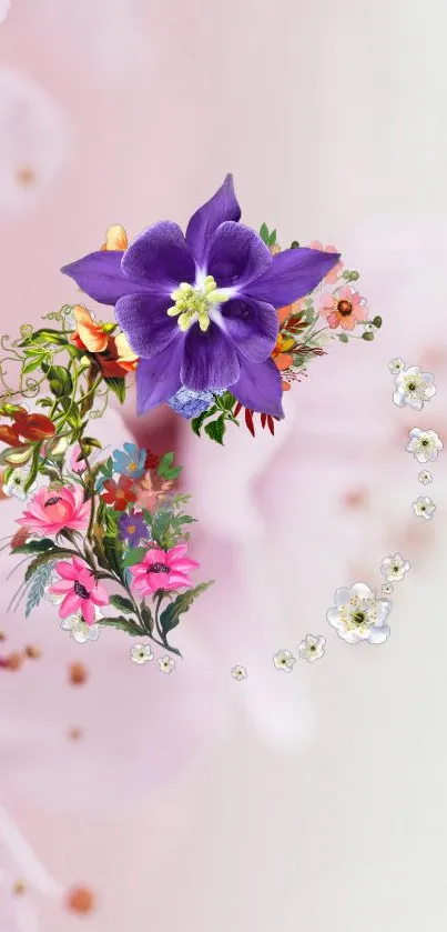 Elegant floral mobile wallpaper with vibrant flowers on a soft pink background.