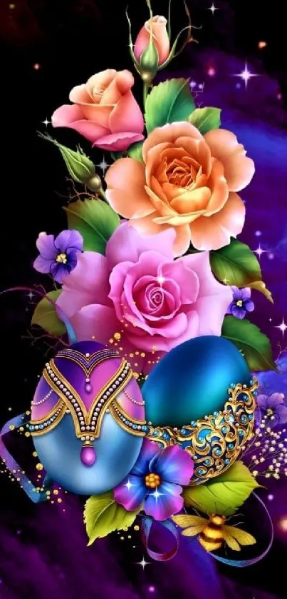 Colorful floral and cosmic wallpaper with vibrant roses and decorative eggs.