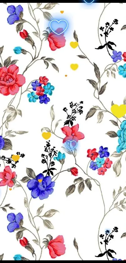 White floral wallpaper with vibrant red and blue flowers.