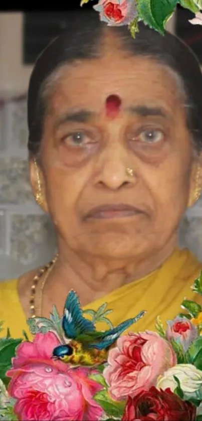 Portrait with vibrant floral frame in golden attire.