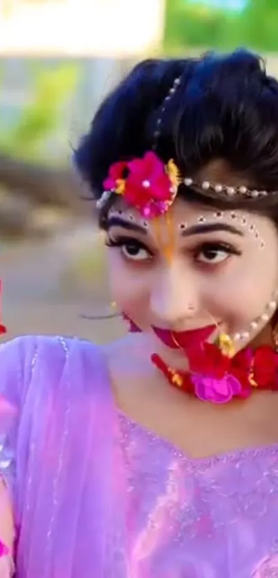 Woman with floral adornments and vibrant colors.