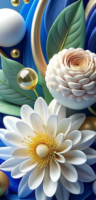 Elegant floral wallpaper with blue background and white flowers.