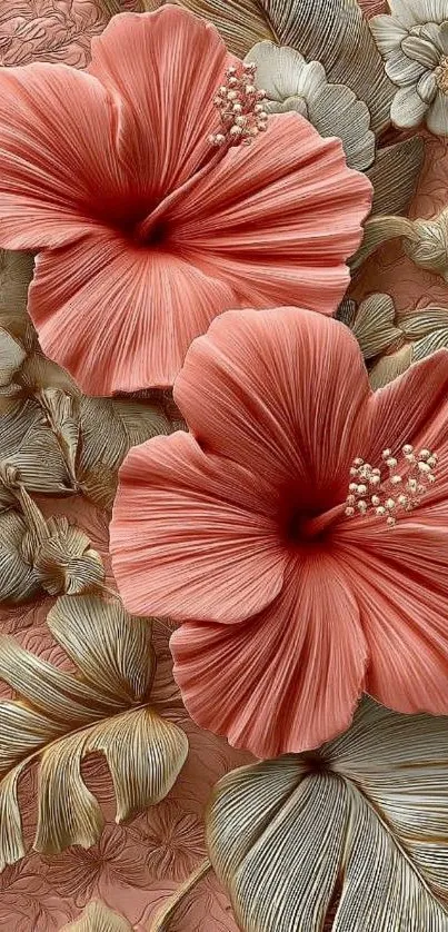 Elegant floral wallpaper with hibiscus flowers and textured leaves.