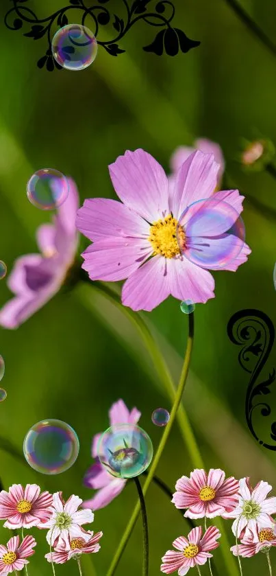 Pink flowers on green background with bubbles and swirls.