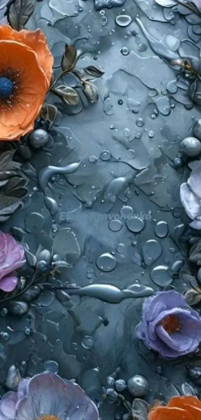 Delicate floral wallpaper with water droplets.