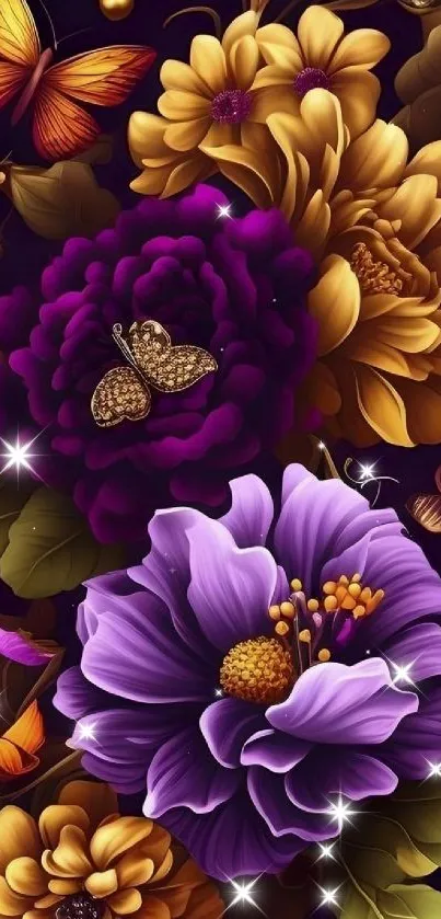 Elegant floral wallpaper with butterflies and vibrant colors.