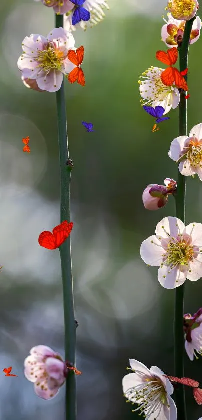 Mobile wallpaper with flowers and butterflies on green background.