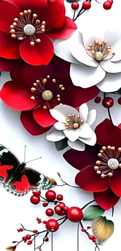 Red and white flowers with a butterfly on mobile wallpaper.