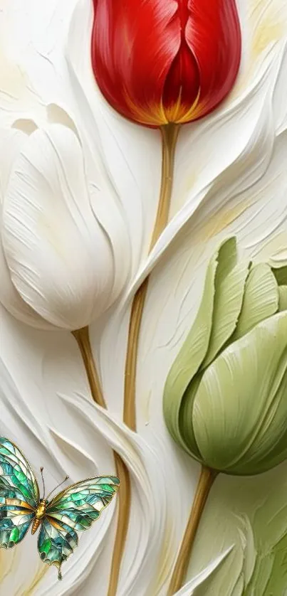 Elegant wallpaper with three tulips and a butterfly.