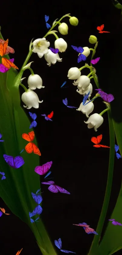 White lilies with colorful butterflies on a dark background wallpaper.