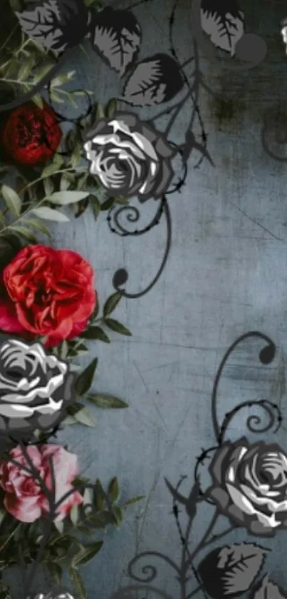 Elegant wallpaper with monochrome roses and vivid red-pink accents on textured blue background.