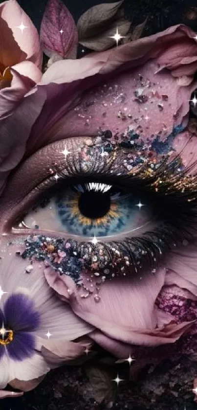 A surreal eye surrounded by vibrant floral elements on a dark backdrop.