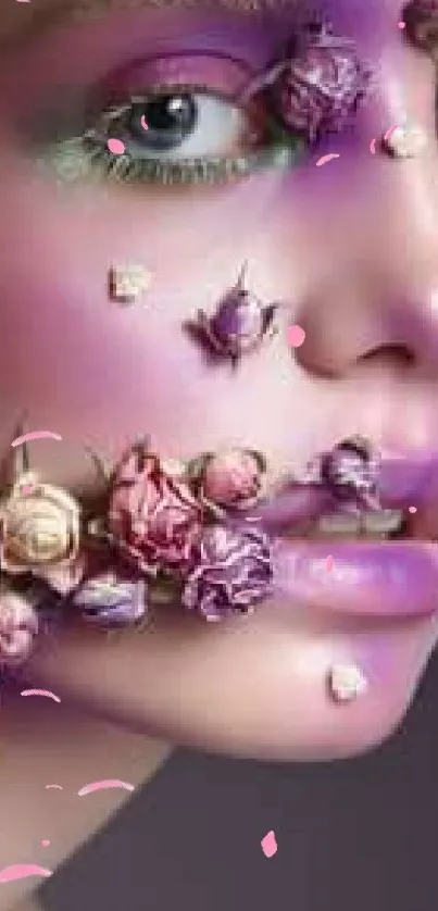 Artistic floral face wallpaper with purple hues.