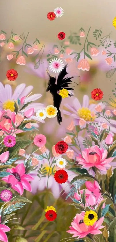 Vibrant floral wallpaper with fairy silhouette and colorful blossoms.