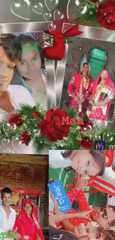 Heartfelt family photo collage with red roses.