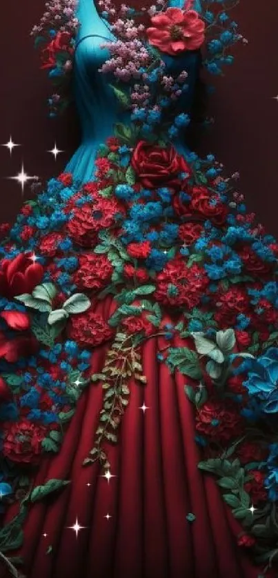 Intricate floral dress fantasy art with red and blue flowers.