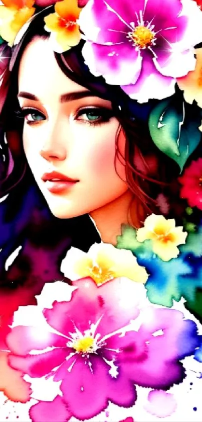 Vibrant floral art wallpaper with a woman's portrait and colorful flowers.