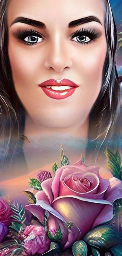 Artistic wallpaper with woman's face and vibrant flowers.