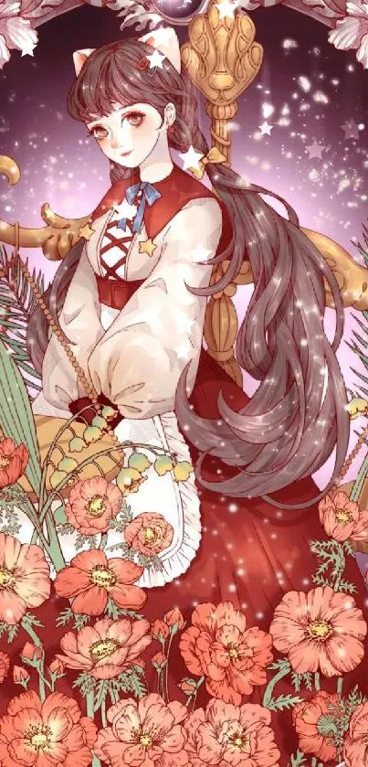 Anime character in a floral fantasy art wallpaper with a dusty rose theme.