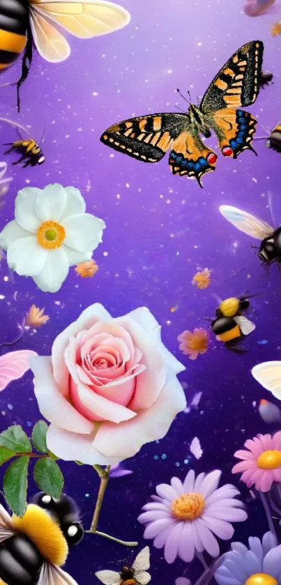 Magical wallpaper with flowers, butterflies, and bees on a purple background.