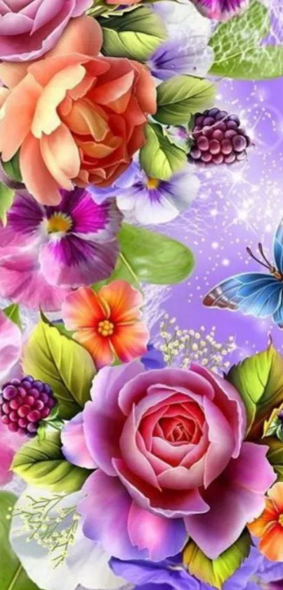 Vibrant floral wallpaper with butterfly on lavender background.