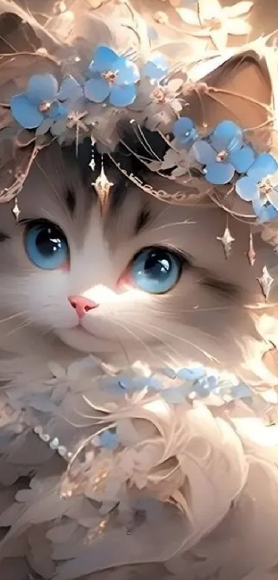 Whimsical cat with blue eyes and floral accents wallpaper.